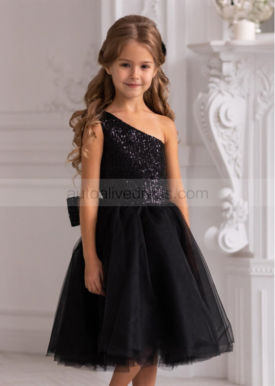 One Shoulder Black Sequin Tulle Flower Girl Dress